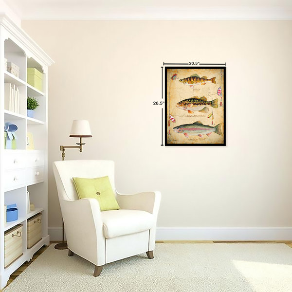 Highland Dunes 'Fish Hooks, Perch, Large Mouth Bass and Rainbow Trout Poster' Framed Graphic Art