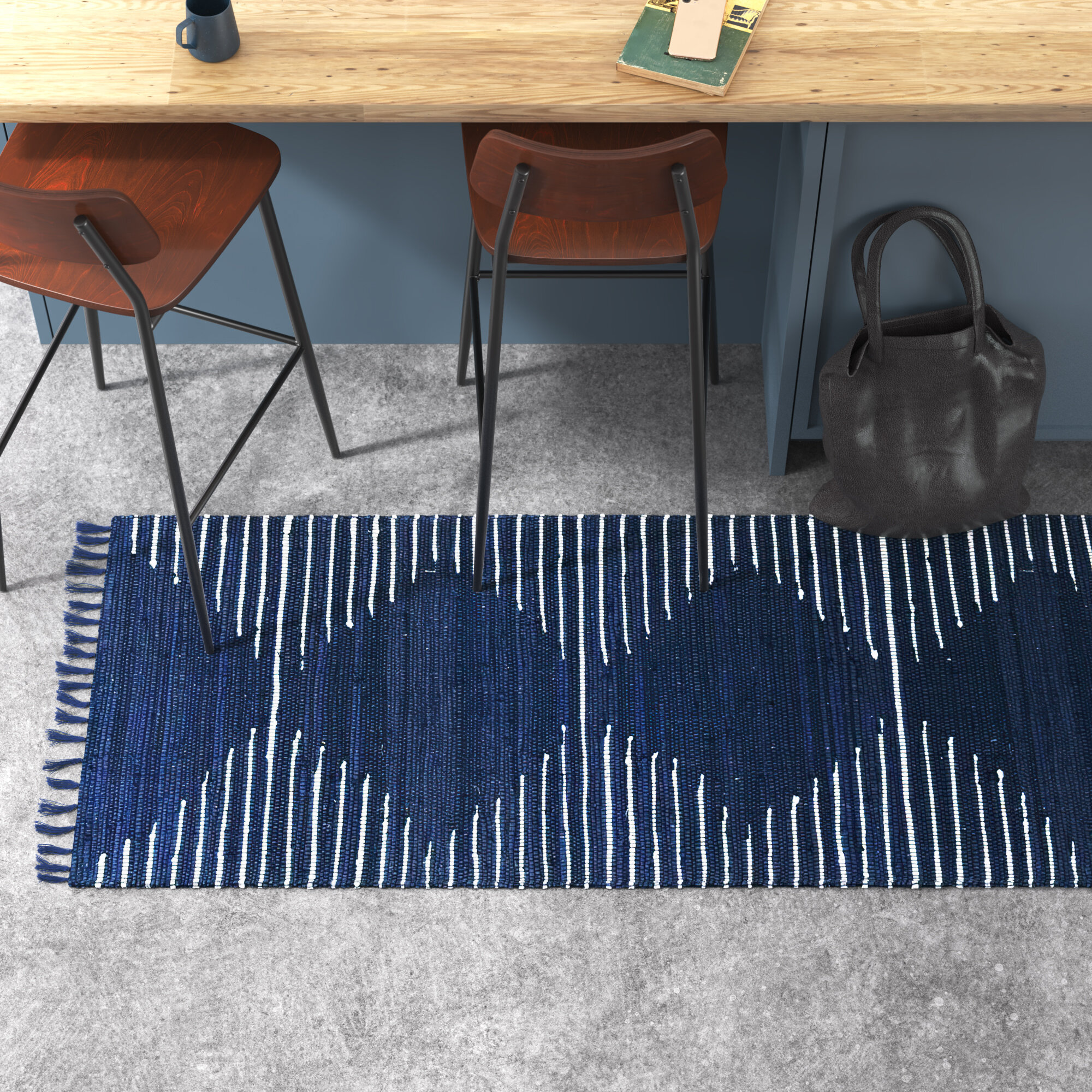 Union Rustic Jordee Geometric Handmade Flatweave Cotton Navy Area Rug