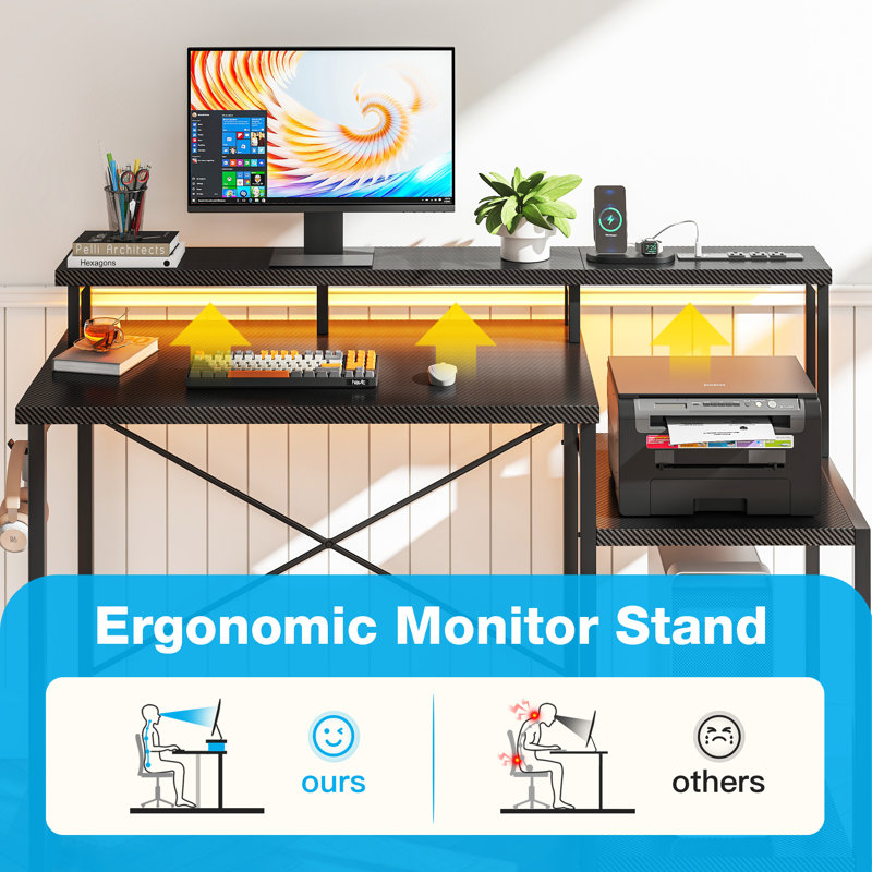 Nergui Home Office Computer Desk with Power Outlet,LED Lights & Adjustable Shelf, Black/Black