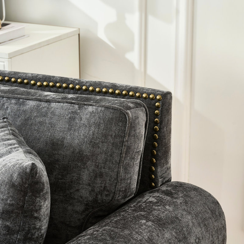 Canapé moderne gris 63 pouces avec accoudoirs arrondis, revêtement en chenille, pattes en bois et garniture cloutée, pieds solides, toucher velours doux 63 2