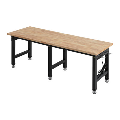 Adjustable Workbench, 5000 lbs Capacity, Oak Wood Top Workstation with 4 AC Outlets & 2 USB Ports, Heavy-Duty Hardwood Worktable for Garage, Workshop, Home, Office, Commercial