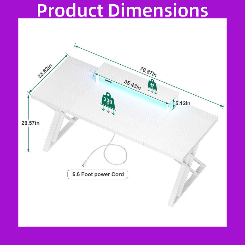 Integrated Charging & LED Gaming Desk with Monitor Stand, 180 Inch Melamine Desktop, White