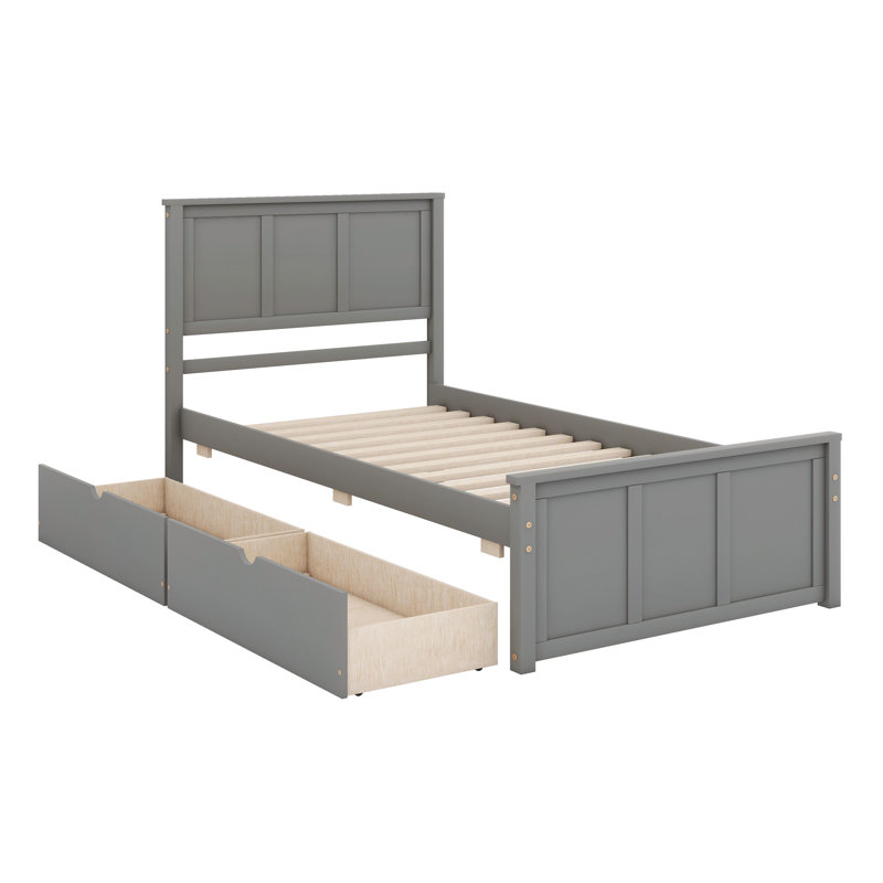 Structure de lit en bois massif avec 2 tiroirs de rangement, structure de lit en bois de pin avec tête de lit, Gris
