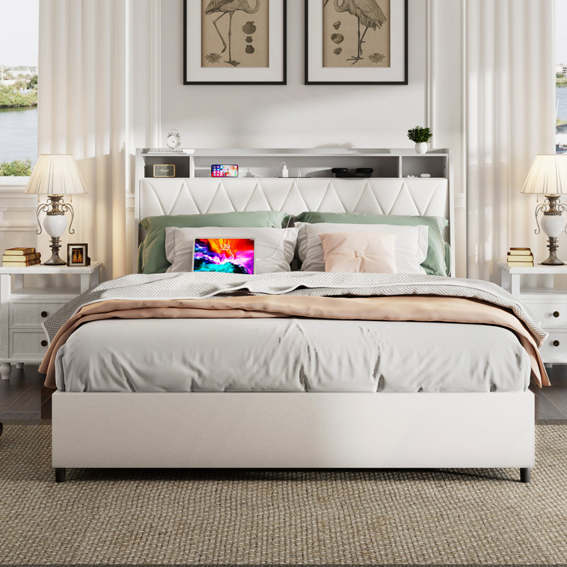 Grand lit avec fonction de rangement pour la tête de lit, Blanc
