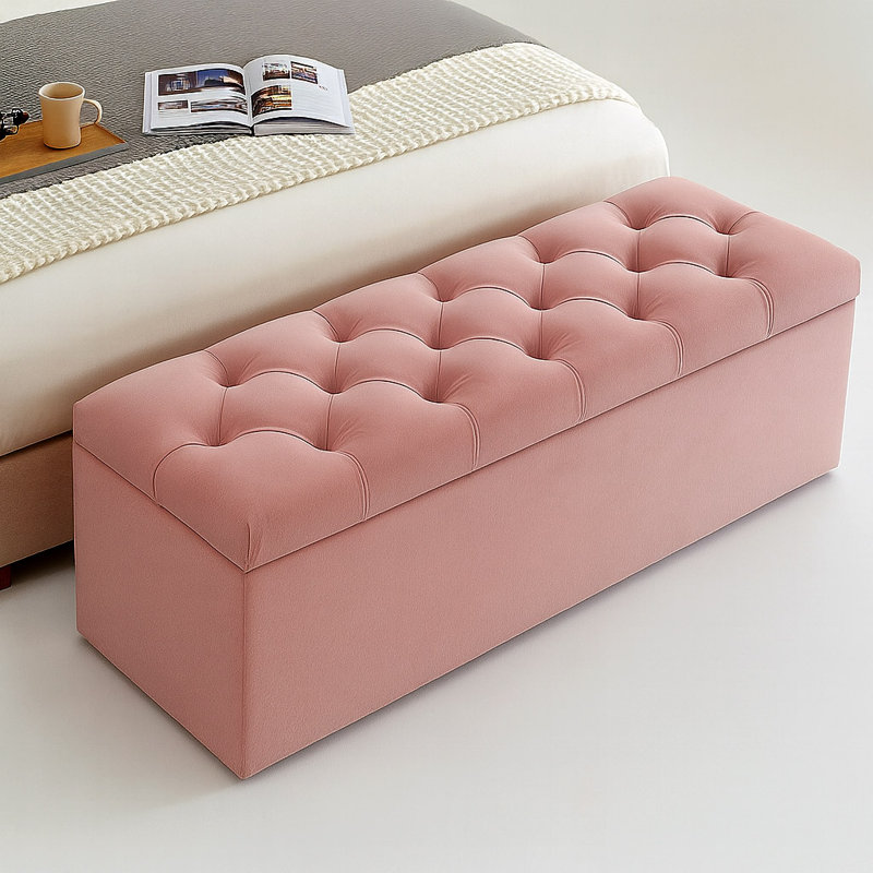 Divan Chesterfield Wide Velvet Rectangle Solid Color Standard Ottoman Box with Storage, 40cm H x 180cm W x 40cm D, Pink