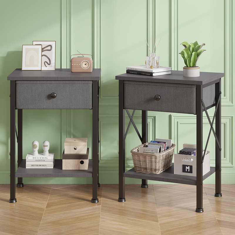Set Of 2 Fabric Drawer Nightstand With Open Shelf, Small Bedside Table For Bedroom, Living Room Or Dorm, Hemp Gray