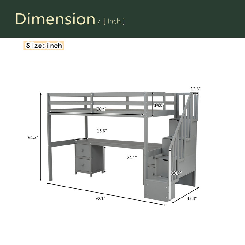 Structure de lit simple de taille mezzanine avec bureau intégré et tiroirs de rangement doubles, Gris