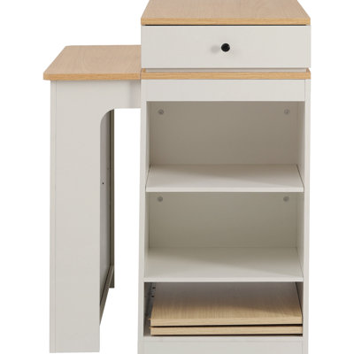 Extendable Kitchen Island, 59.5" Long, Double - Sided Cabinet, 2 Drawers, Power Outlet, Side Storage Compartment, White, 10.2 26 41.8" Extension, Adjustable Shelves, Metal Locking Mechanism, Mobile