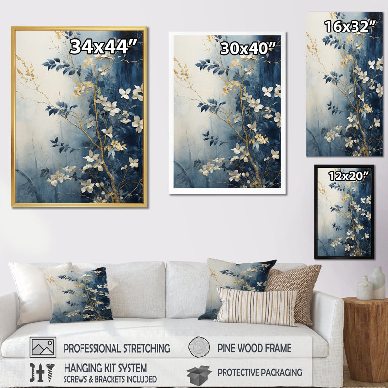 «Abstract Gold and Blue Botanical», reproduction sur toile, Cadre flottant noir, H 44 po x l 34 po x P 1,5 po