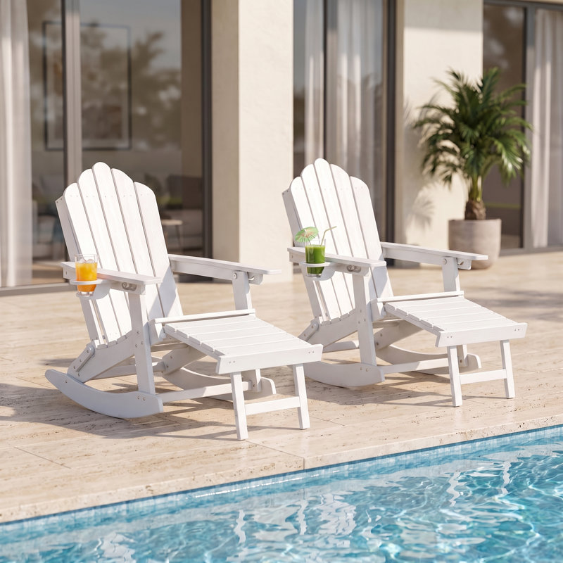 Chaise berçante pliante en PEHD Adirondack avec repose-pieds, porte-gobelet et base amovible, White
