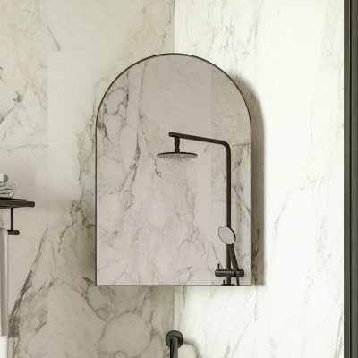 Metal Corner Medicine Cabinet with Arched Mirror and Adjustable Glass Shelves