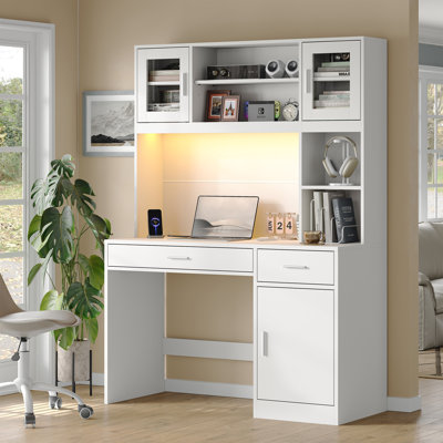 47.3"Wide Modern Computer Desk with Hutch,Office Desk with App-Controlled LED Lighting and Charging Station for Home Office