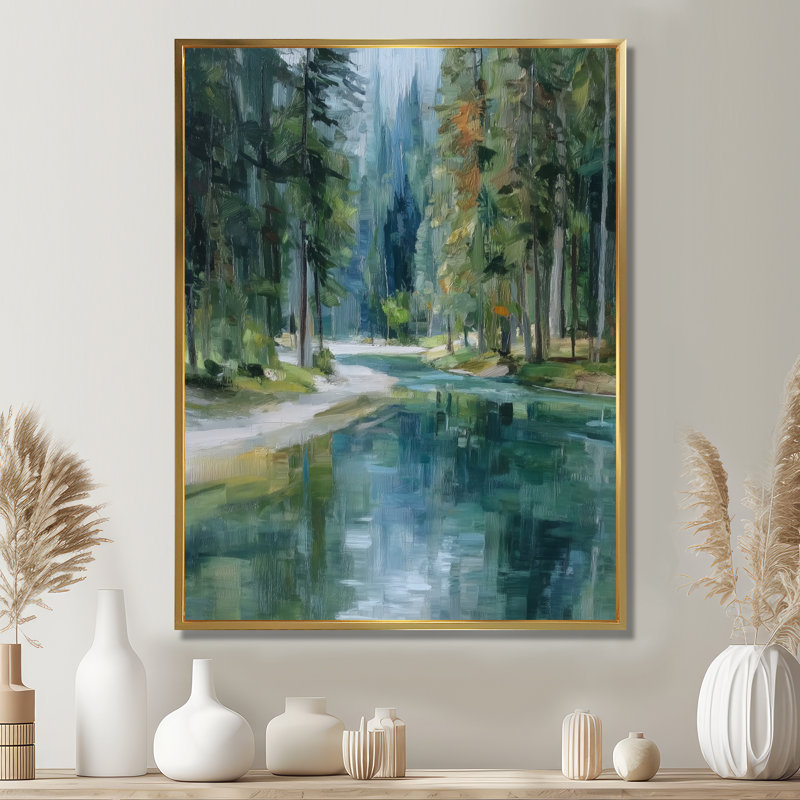 «Pine Trees Fraser River Calming Current», art sur toile, paysage vert, H 32 po x l 24 po, Cadre flottant, Doré