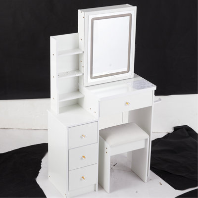 Petite coiffeuse 29,2 po avec tabouret de chevet gauche + tabouret rembourré, 2 blocs d'alimentation CA + 2 ports USB, support pour sèche-cheveux, très grand miroir à DEL coulissant à contrôle tactile, changement de couleur tricolore, réglage de la luminosité