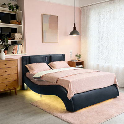 Faux Leather Bed Frame Of King Size, Led Lighting, - Enabled Music Control, Massage With Three Level Intensity, Curve Shaped Design, Wood Slat Support, Built In Speakers, Colorful Charging, Modular