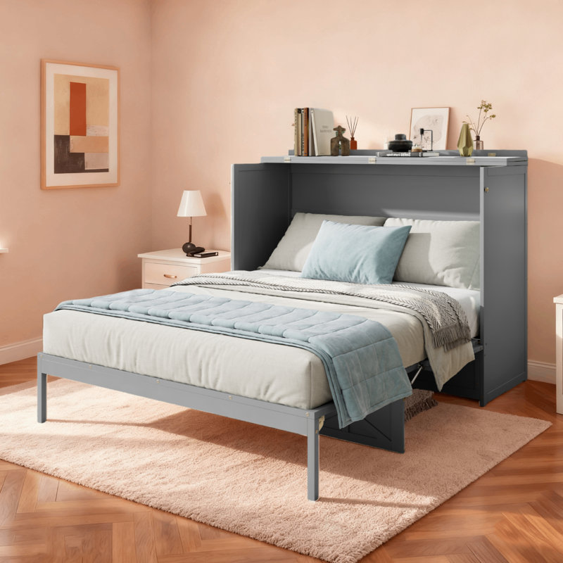 Grand lit escamotable avec tiroir de rangement et prises de courant, Gris