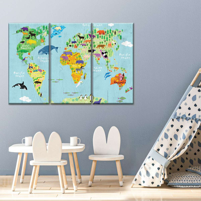 Carte du monde domestique, ensemble de 3 pièces sur toile par SweetTeachings, H 42 po x l 65 po x P 1,25 po
