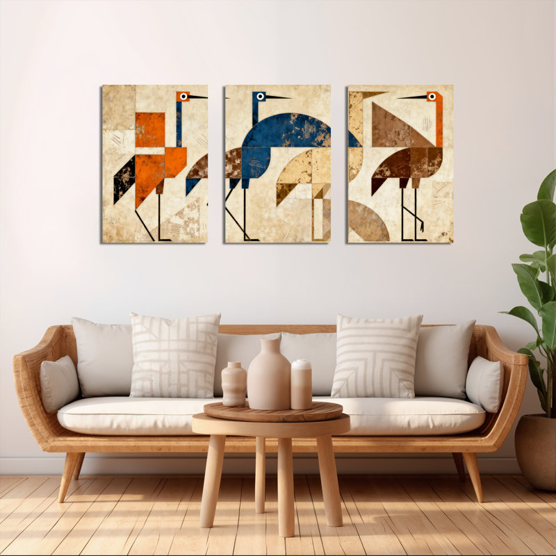 «Abstract Geometric Birds», reproduction d'art sur toile tendue sur toile (ensemble de 3), H 18 po x l 36 po