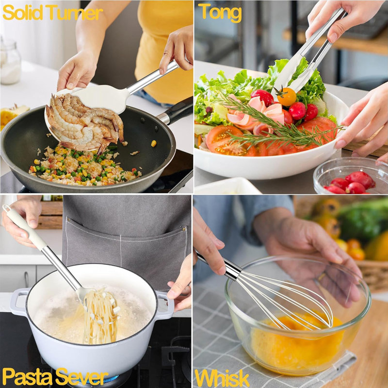 Ensemble d'ustensiles de cuisine en silicone 15 pièces, résistant à la chaleur antiadhésif, lavable au lave-vaisselle, sans BPA, blanc