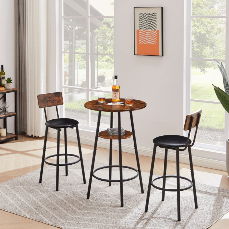 Round bar stool set with shelf, upholstered stool with backrest, Black, Brown