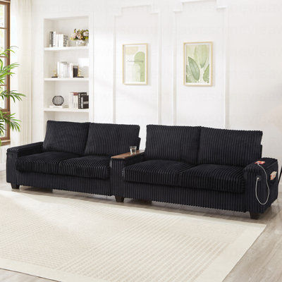 Canapé moderne à 4 places en velours côtelé 133 po avec ports USB, accoudoirs de rangement cachés, porte-gobelets rabattables pour le salon, noir