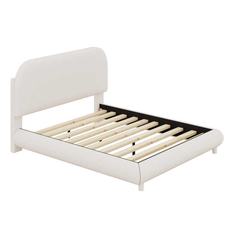 Lit plateforme tapissier de forme incurvée avec tissu épais, Beige