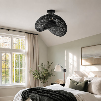 Lucian Rattan Flush Mount – Rattan & Black Sculptural 1-Light Plug-In or Hardwired Handwoven Dimmable Ceiling Light for Living Room or Hallway in Boho, Transitional, and Modern Style