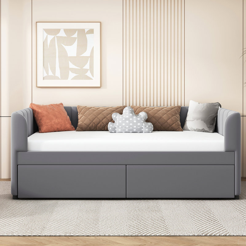 Lit de jour simple rembourré avec dossier ergonomique et 2 tiroirs, Gris