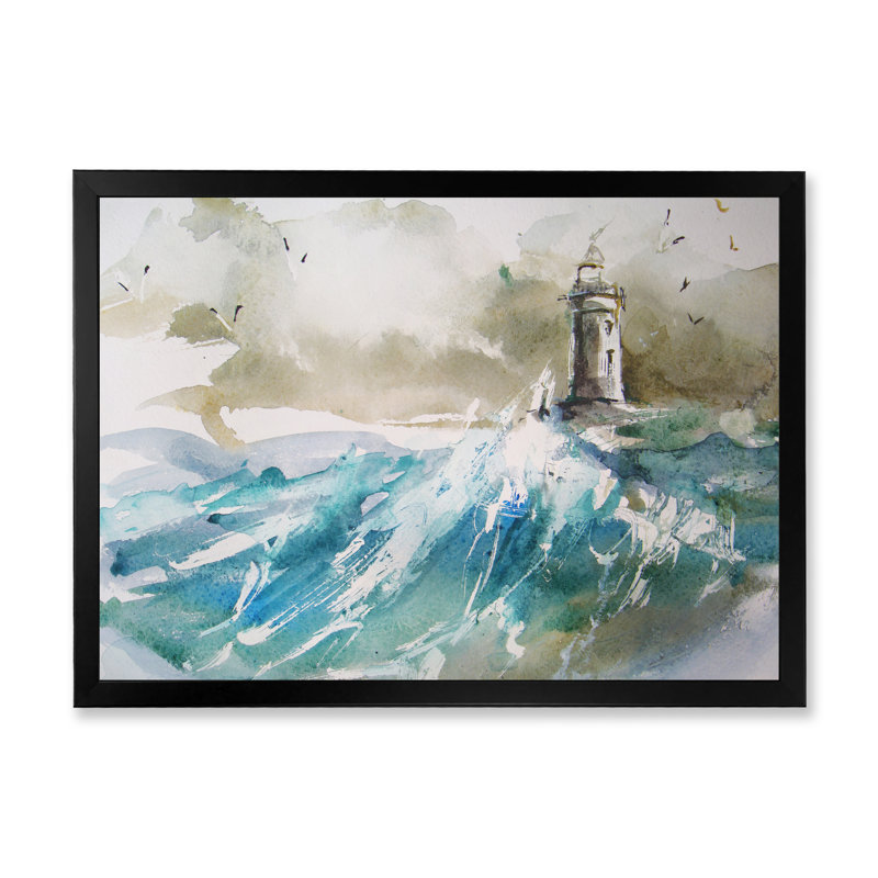 Phare sur les vagues massives II - Peinture sur toile, H 8 po x l 12 po x P 1 po, Cadre photo noir