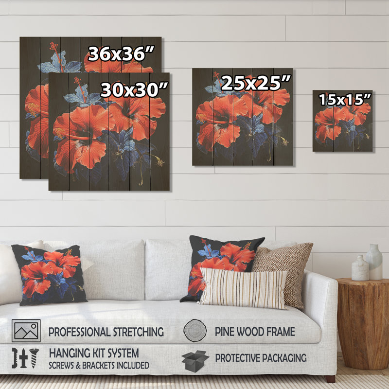Hibiscus tropical rouge I - Hibiscus sur bois, H 30 po x l 30 po