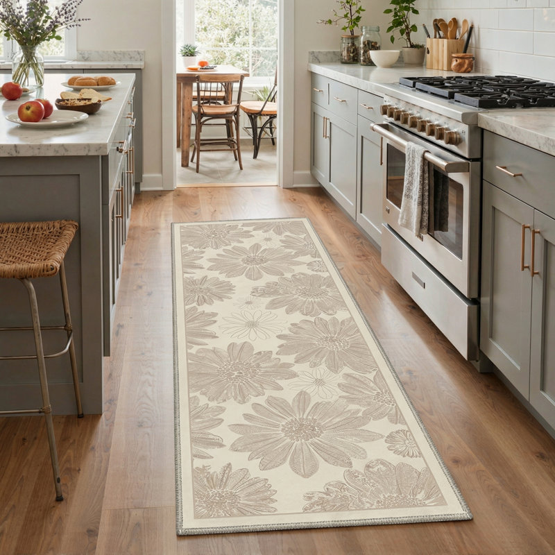Veridia Floral Machine Washable Beige Indoor Area Rug with Non-Slip Backing, Runner 2'3" x 6'