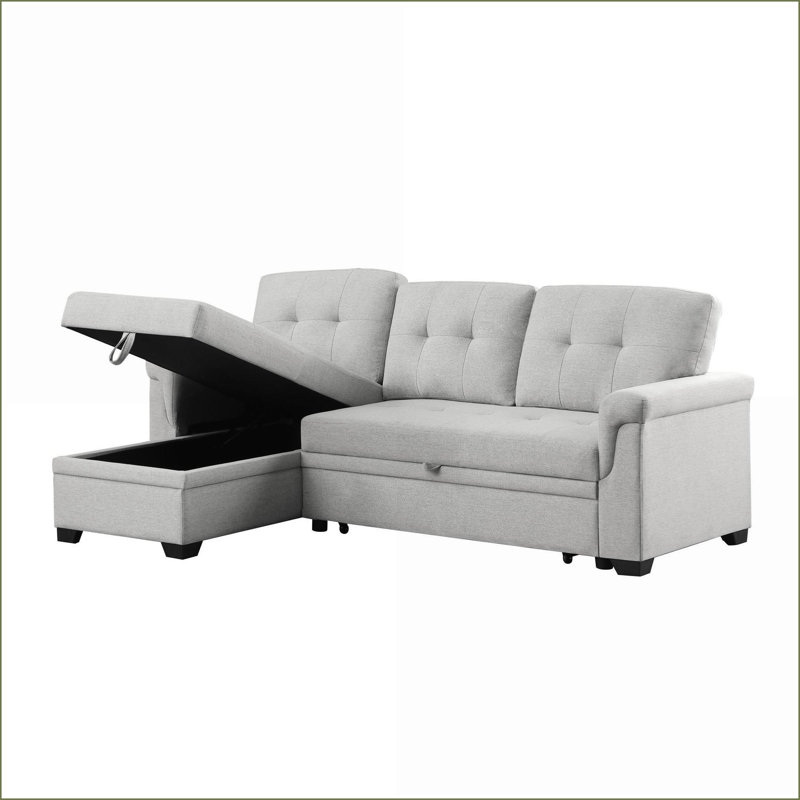 Sectional Sofas 84” Modern Light Gray Linen Reversible Sleeper with Storage Chaise | Light Gray | Sleeper, Left Hand Facing