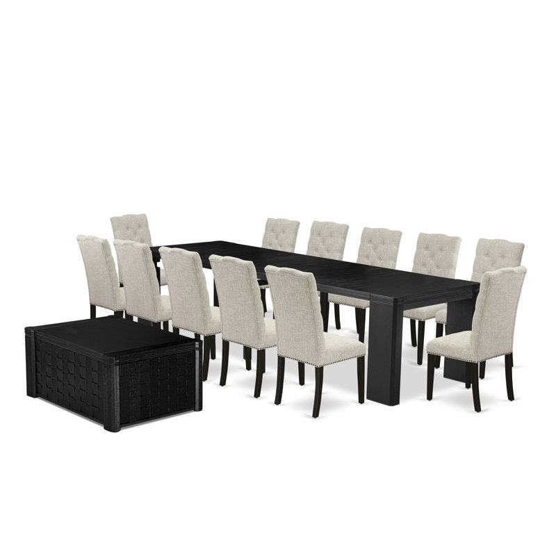 14-piece Dining Room Table Set a Rectangular Kitchen Table with a coffee Table and 12 Doeskin Linen Fabric Kitchen Chair, Wire Brushed Black