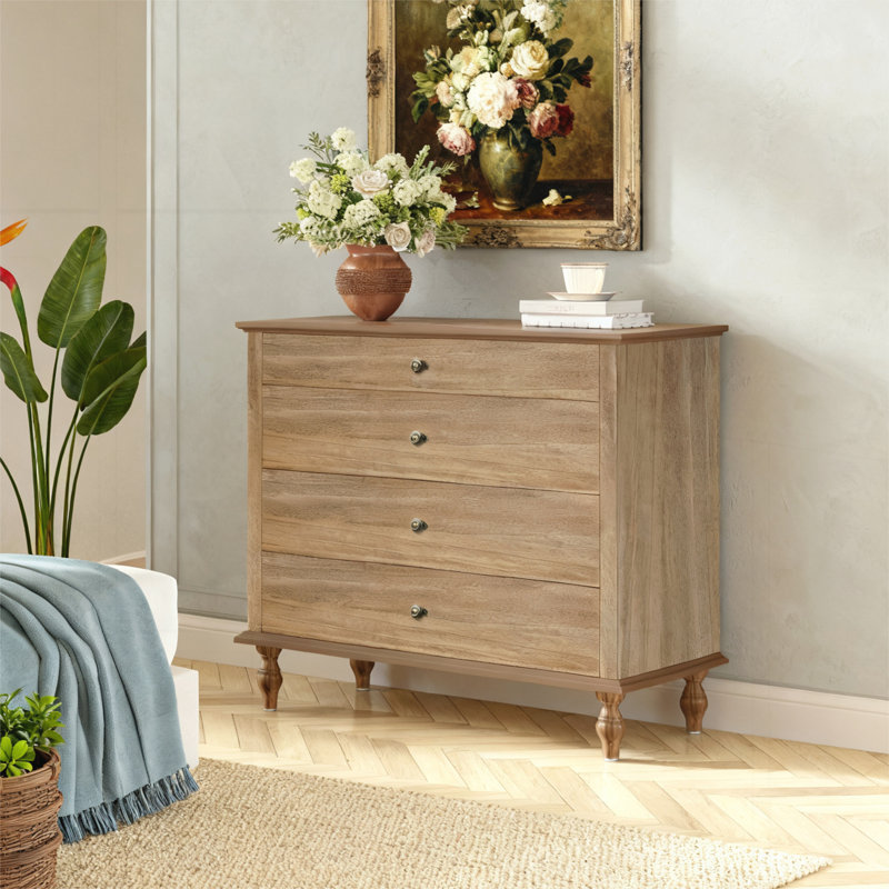 4-Drawer Chest with Solid Wood Foot, Light Brown