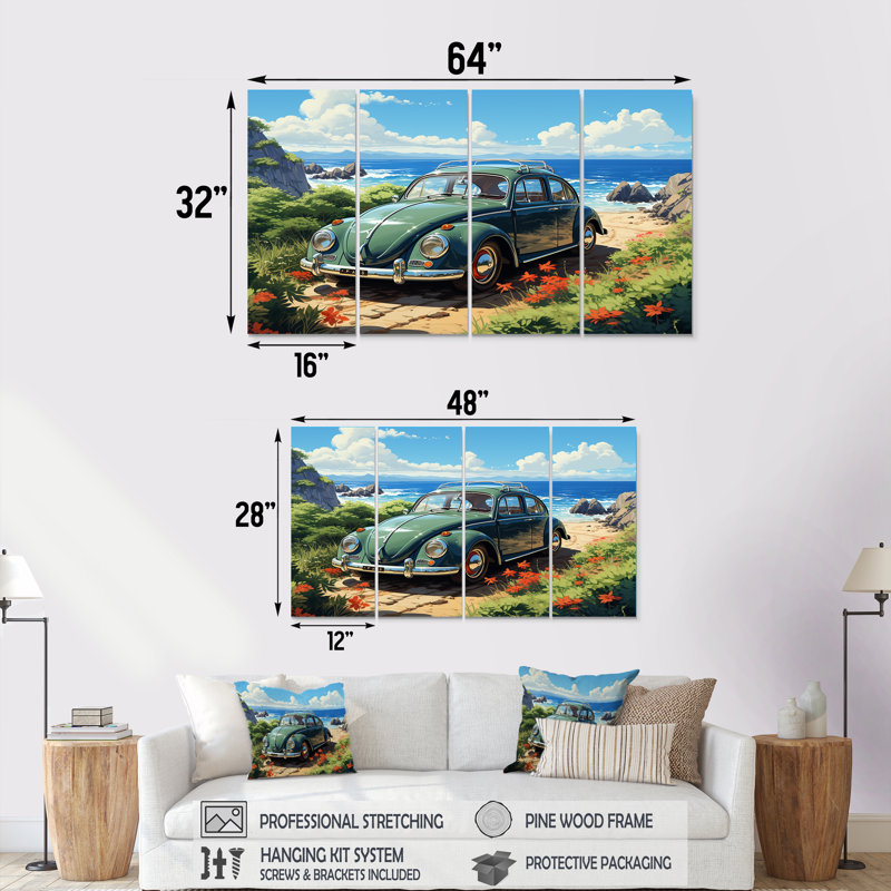 «Green American Classic Car On A Beach II - Car Old American», art mural 4 pièces, H 32 po x l 64 po