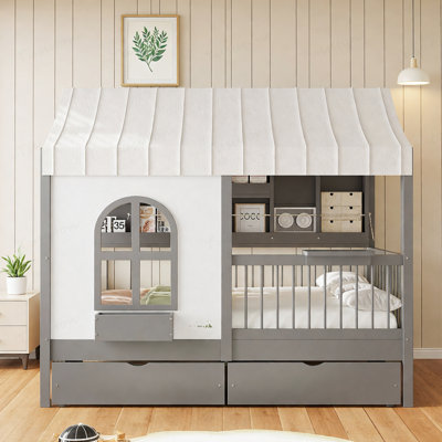 House Bed with 2 Large Drawers, Side Bookshelf with LED Strip