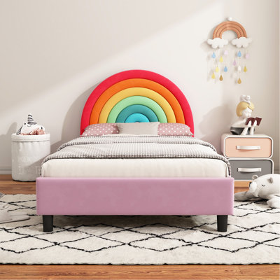 Rainbow Design Upholstered Twin Platform Bed Cute Style Princess Bed For Boys & Girls, Teens, Colorful & Pink