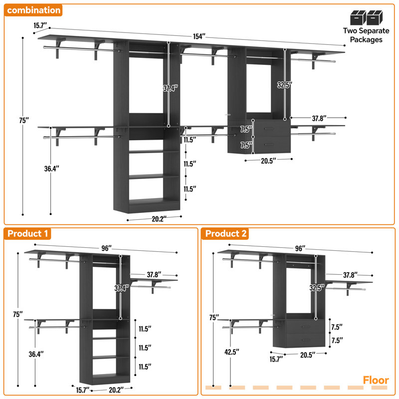 Seward 154'' Heavy Duty Closet Organizer System With 2 Drawers, 8 Hanging Rods & 6 Reversible Shelf Towers,, Black