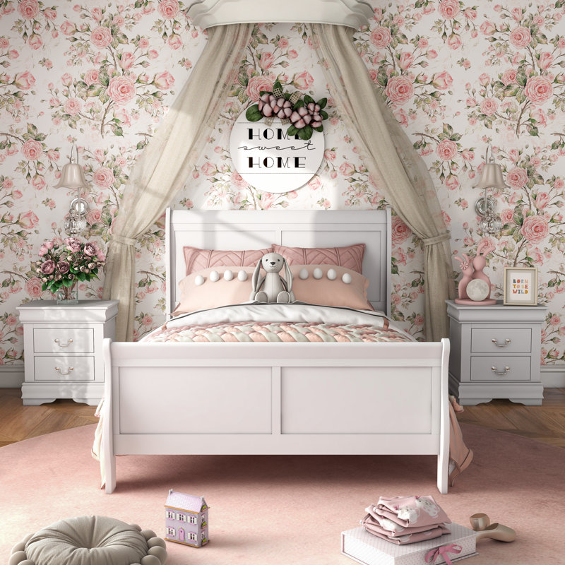 Ensemble de chambre à coucher Emelinda, Blanc, Double, Trois pièces : lit, 2 tables de chevet