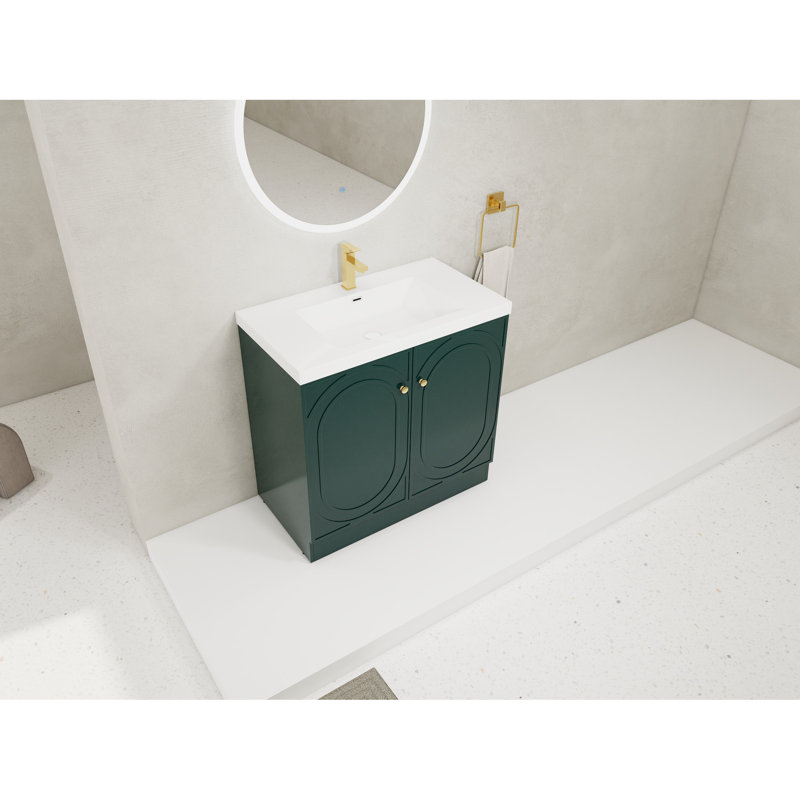 Meuble-lavabo autoportant de 91 cm (36 po) avec lavabo en résine blanche et 2 portes d'armoire à fermeture amortie - Construction à charnières de style moderne