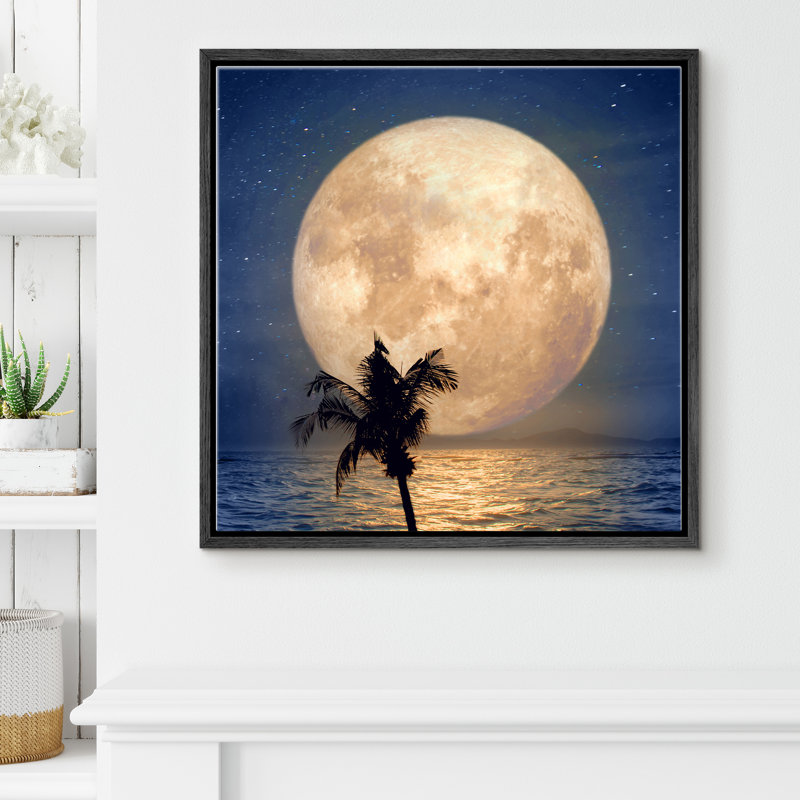 Art mural, impression sur toile encadrée jaune pleine lune avec palmier et mer, astronomie et espace, art numérique, art moderne, rustique, coloré pour le salon