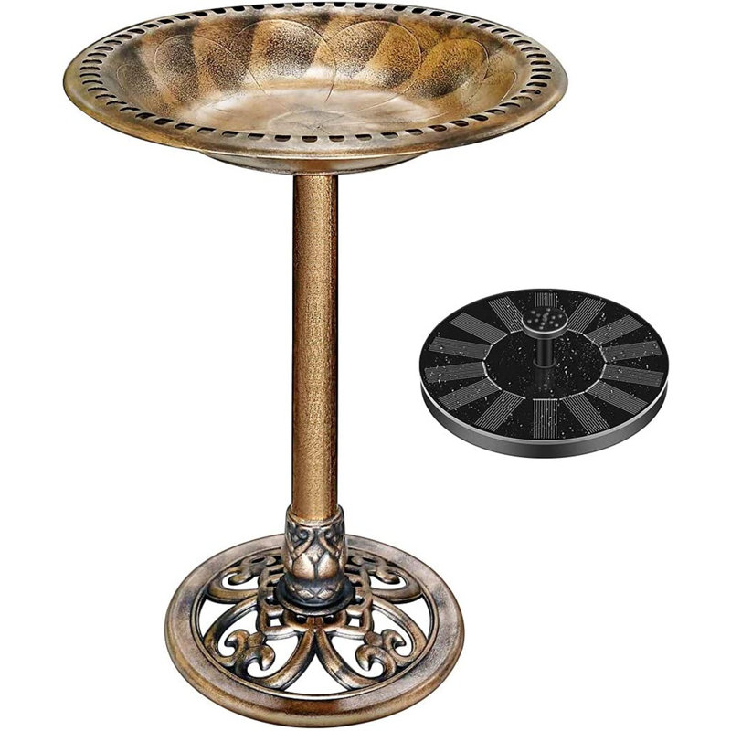Outdoor Polyresin Antique Bird Bath with Solar Powered Round Pond Fountain, Copper