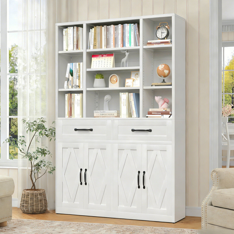 71" Tall Bookcase With Doors, Drawers & Adjustable Open Shelves, Metal Storage Cabinet For Home Office, Living Room, Industrial Bookshelf, White