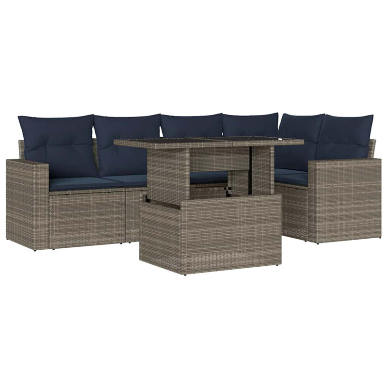 6 Piece Patio Sofa Set With Cushions Poly Rattan, Grey, Navy