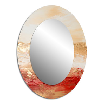 Gold And Red Soft Wave Fusion I - Large Oval Wall Mirror On Metal