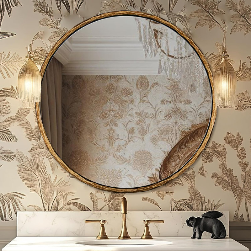 Vintage Round Bathroom Vanity Mirror | Hand-Hammered Iron Frame, Forged Brass, 30" x 30"