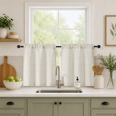 Natural Kitchen Curtains Over Sink 24 Inch Length 2 Panels Set, Light Filtering Textured Short Cafe Curtains for Bathroom Windows, Small Curtain for Cabinet Basement RV Camper, 30" W by 24" L