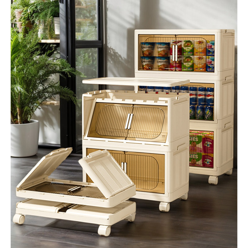 3-Tier Folding Storage Cabinet - 19.69" Wide, Collapsible With Magnetic Door, Plastic Storage With Wheels