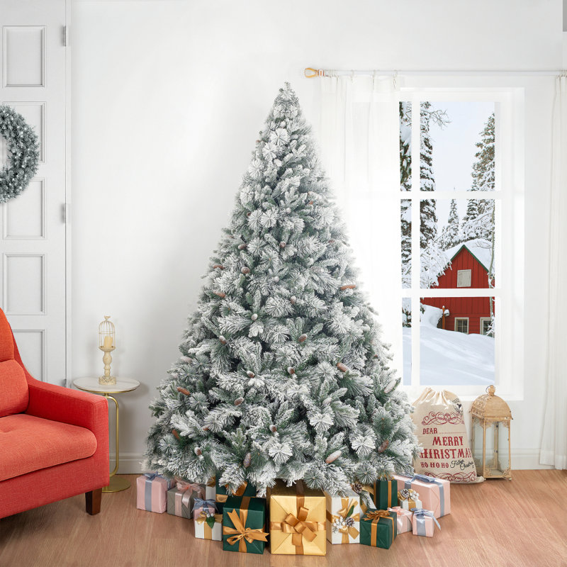 6.5ft Snow-Flocked Prelit Pine Christmas Tree with Pine Cones and Metal Stand