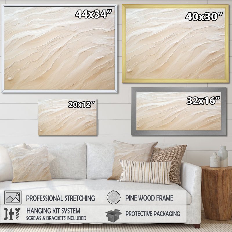 Charme moderne sable beige plage - art mural large sable de plage, Cadre photo blanc, H 34 po x l 44 po x P 1,5 po